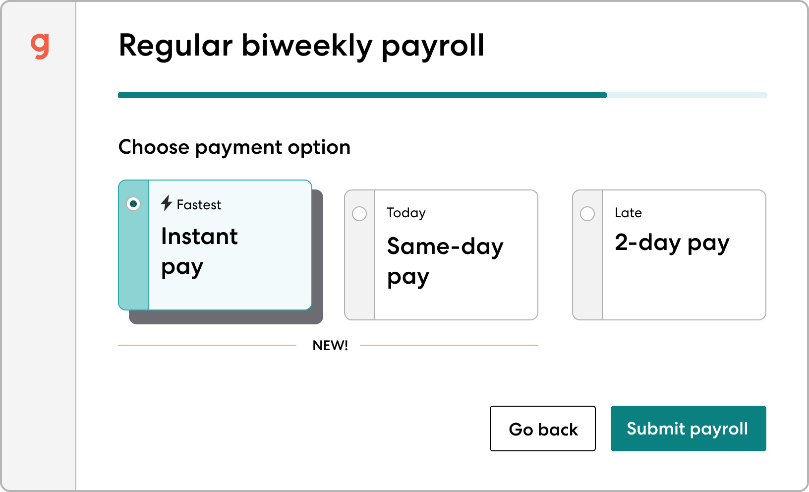 Gusto payroll run screen with payment speed options
