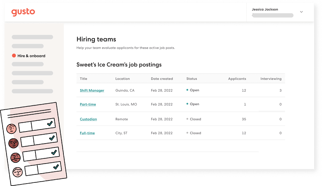 Gusto hiring teams job postings view